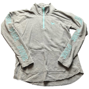 Victoria's Secret PINK 1/4 Zip‎ Sweater Gray with Teal Print Size Small